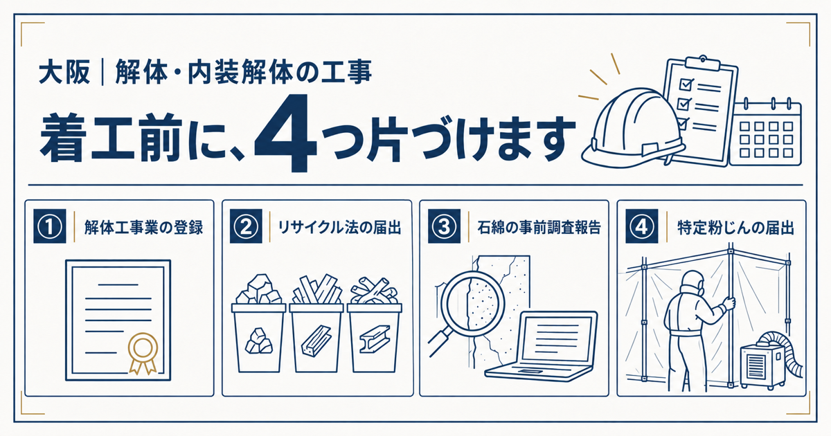 解体工事の着工前に必要な4つの手続きと、解体工事業登録33,000円・審査4週間