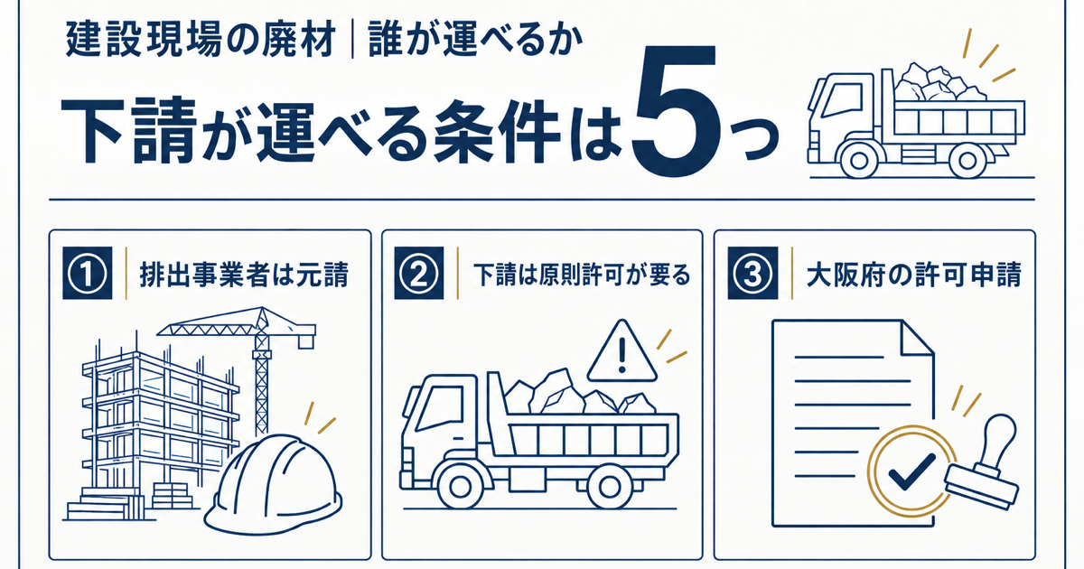 建設廃棄物の排出事業者は元請。下請が許可なしで運べるのは5つの条件をすべて満たすときだけ
