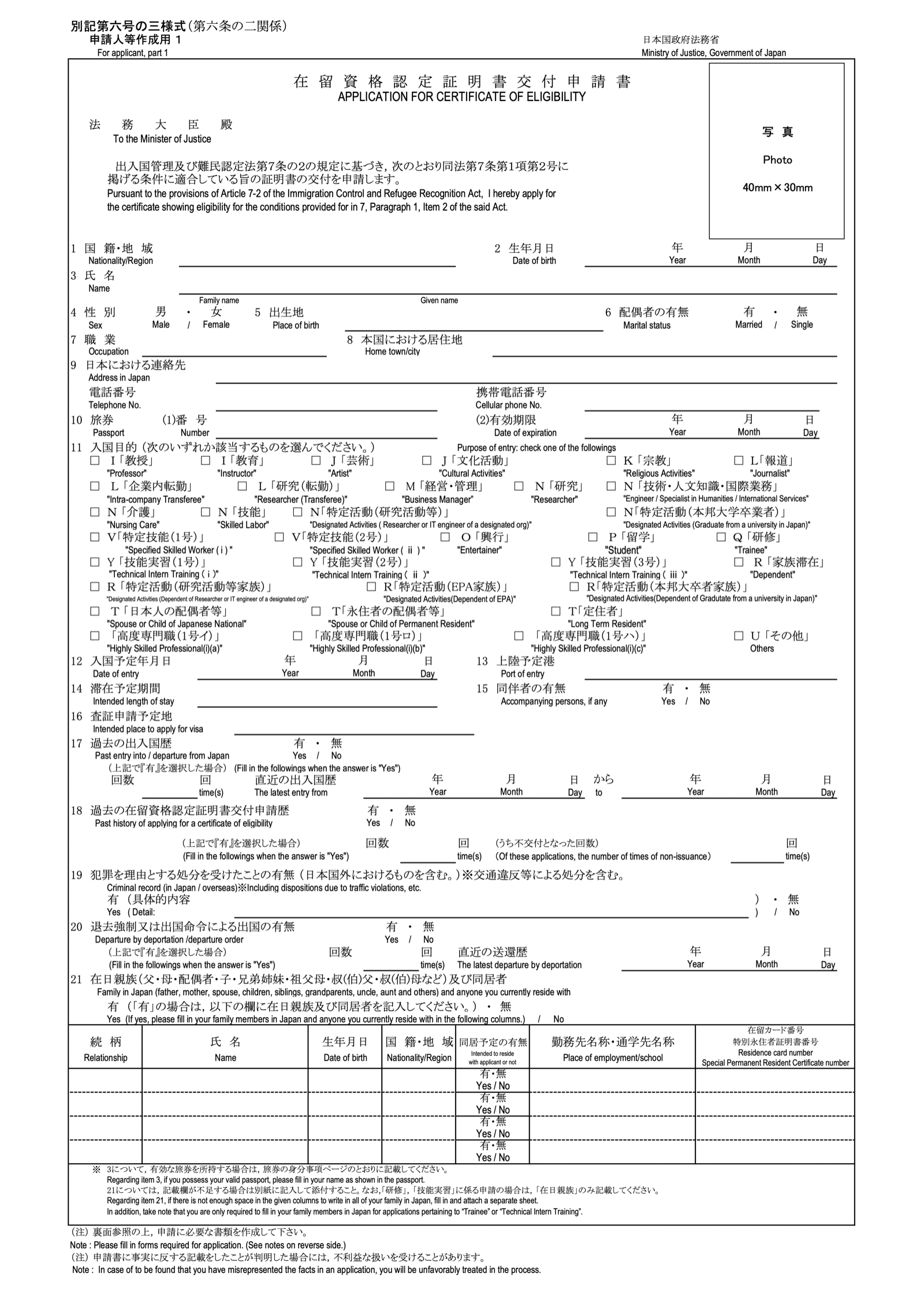 出入国在留管理庁「在留資格認定証明書交付申請書」(別記第六号の三様式)申請人等作成用1。欄1国籍・地域から欄21在日親族及び同居者まで、右上に写真欄(40mm×30mm)。出典:出入国在留管理庁 PDF https://www.moj.go.jp/isa/content/930004029.pdf 掲載ページ https://www.moj.go.jp/isa/applications/status/gijinkoku.html 2026年10月11日閲覧